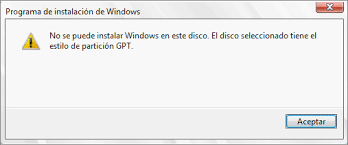 No se puede instalar Windows en este disco. El disco seleccionado tiene el estilo de partición GPT